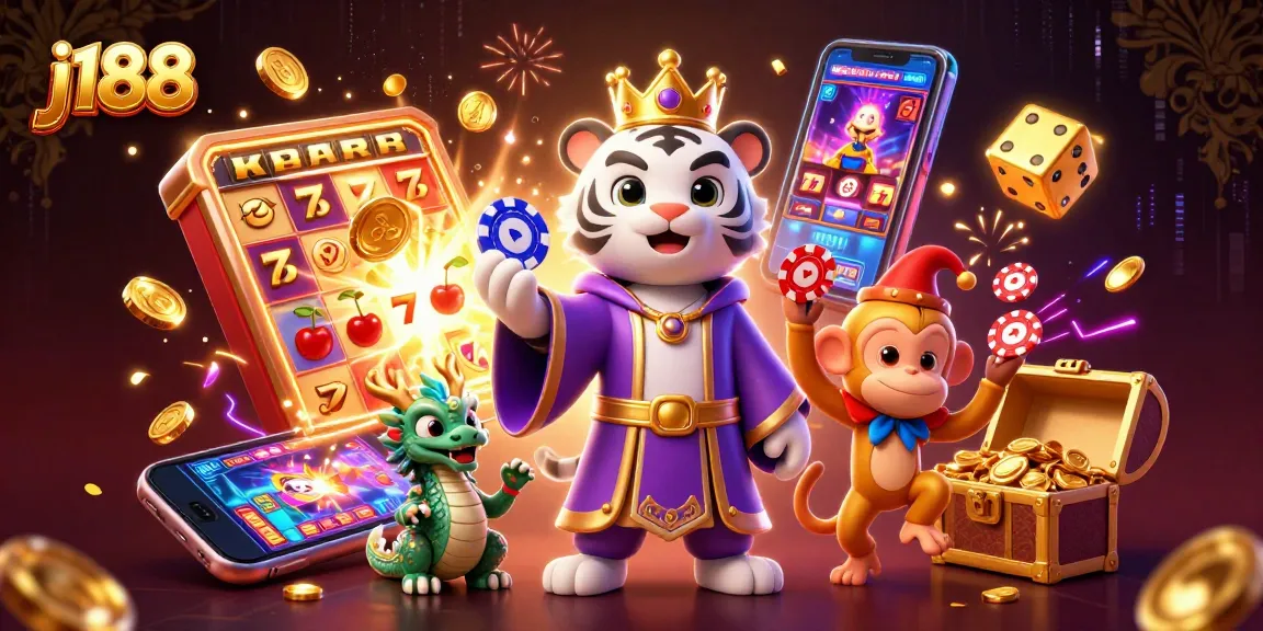Play, win, and experience the excitement of j188's vibrant casino atmosphere with animated characters and jackpots.