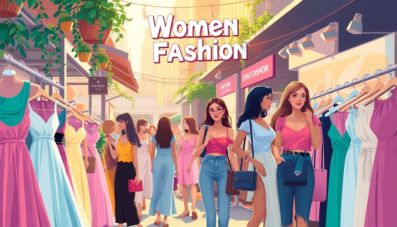 Explore vibrant Women Fashion at a bustling market with diverse female shoppers and trendy styles.