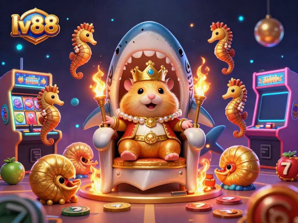 Experience the vibrant lv88 casino scene with a golden hamster king and bright slot reels.