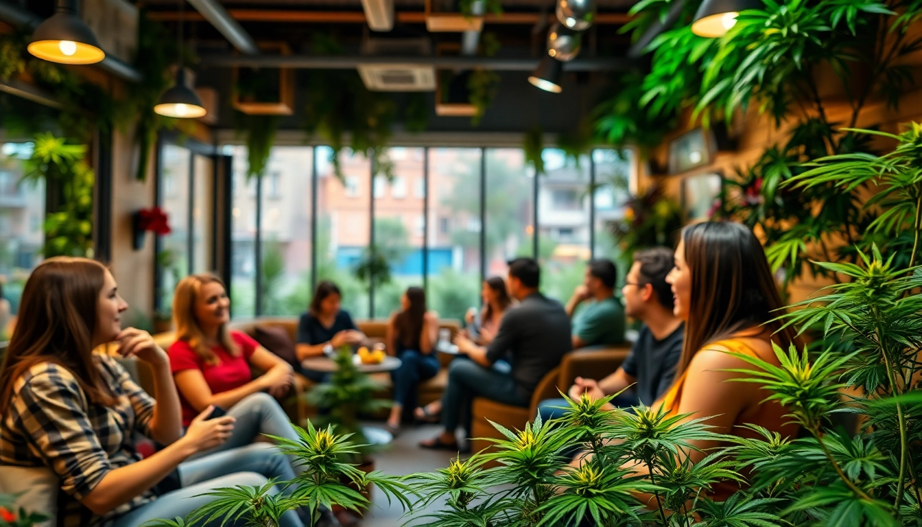 Les membres interagissent dans le Club Cannabis Madrid, créant une ambiance conviviale.