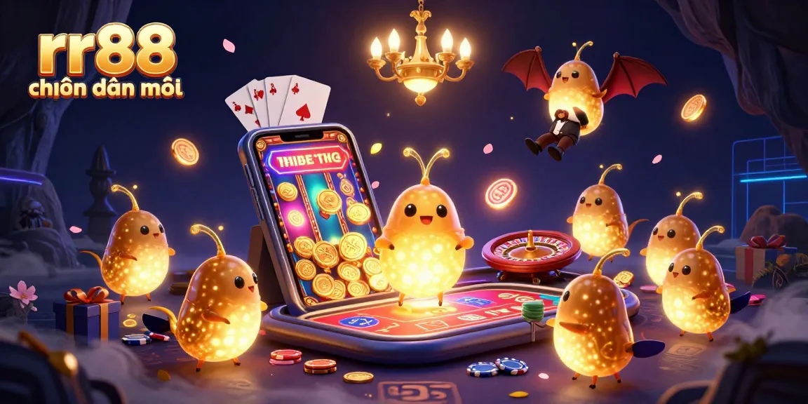 rr88 hiện đang mở, an illustrated casino scene with glowworms and a bat dealer showcasing interactive games and vibrant atmosphere.