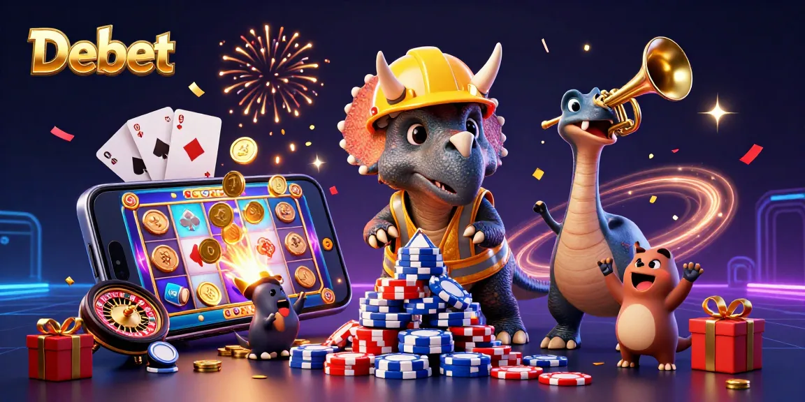 Celebrate wins at Debet with dynamic casino games and cheerful characters in a vibrant 3D scene.