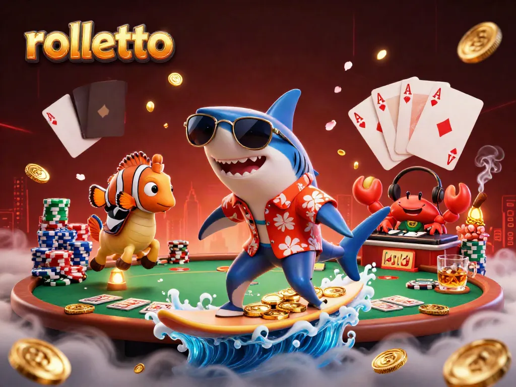 Experience thrilling moments with rolletto as the shark surfs on gold coins in this dynamic casino scene.