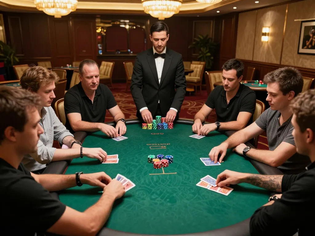 Engaged players at a high-stakes poker game capturing 566 win moments through strategic gameplay and winning bets.