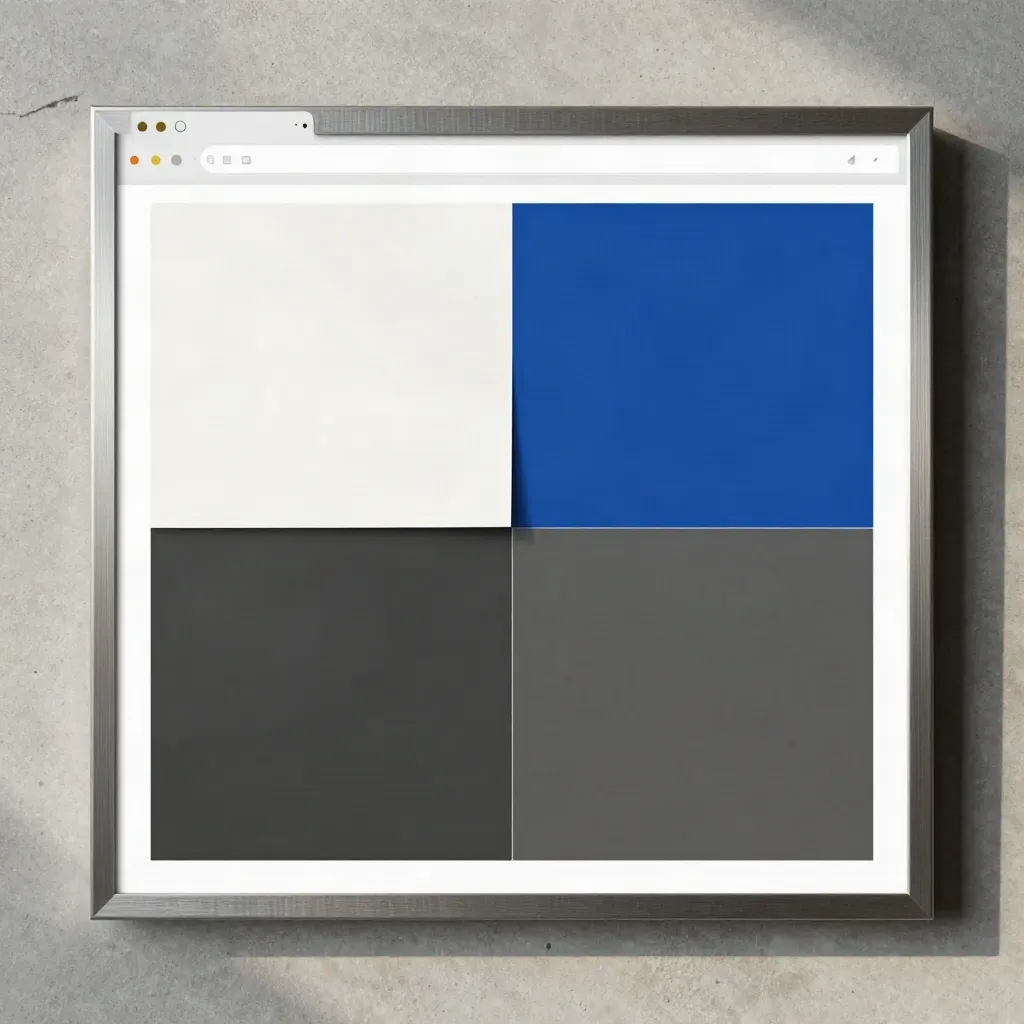Overhead website concept board with abstract panels on pale concrete and a cobalt accent.