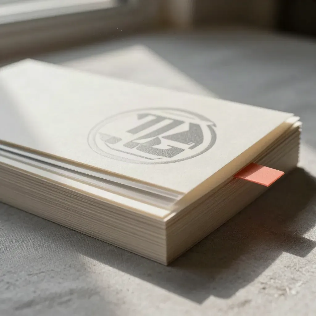 Macro fan of embossed logo proofs with acetate overlays and coral edge detail on linen.