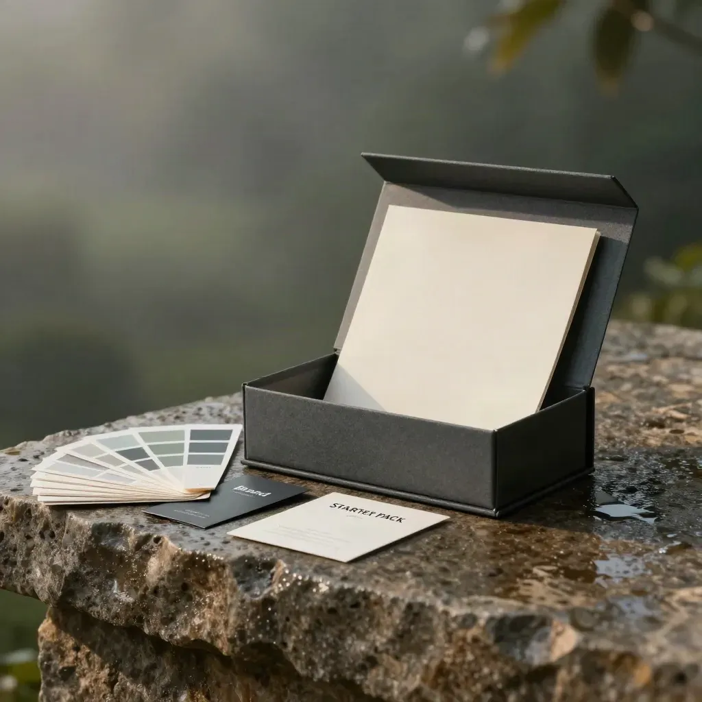 Open brand starter pack box with guide, swatches, proof cards and sealed packet on stone.