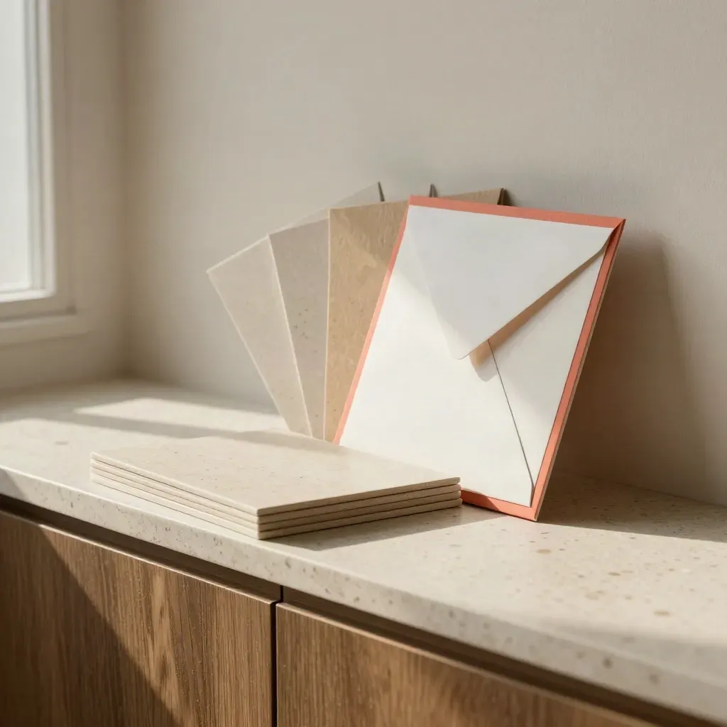 Square mockup tiles, proof stack and envelope sleeve on travertine shelf with coral accent.