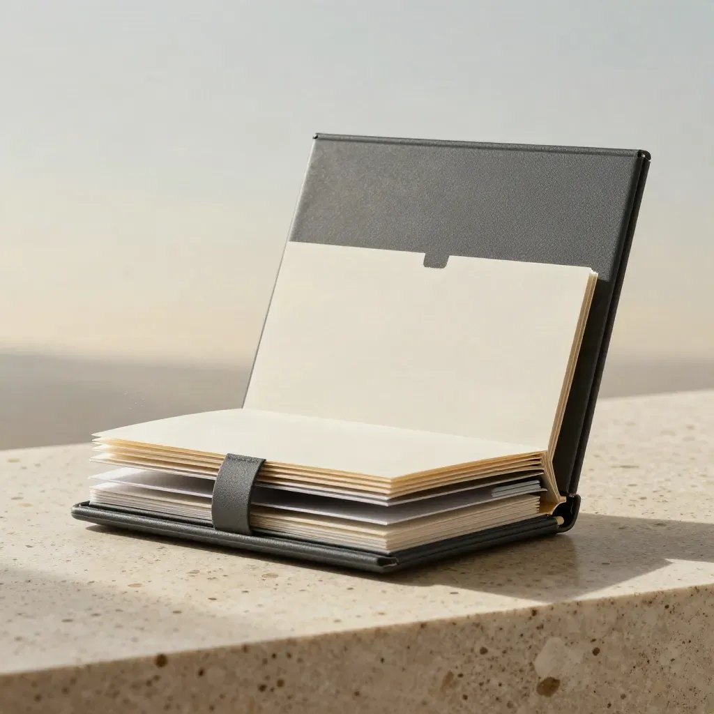 Charcoal client deck bundle opens on travertine, revealing tabs and concept boards in soft studio light.