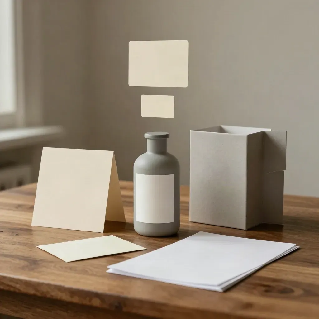 Blank label kit with bottle and carton sleeves on a warm walnut workbench.