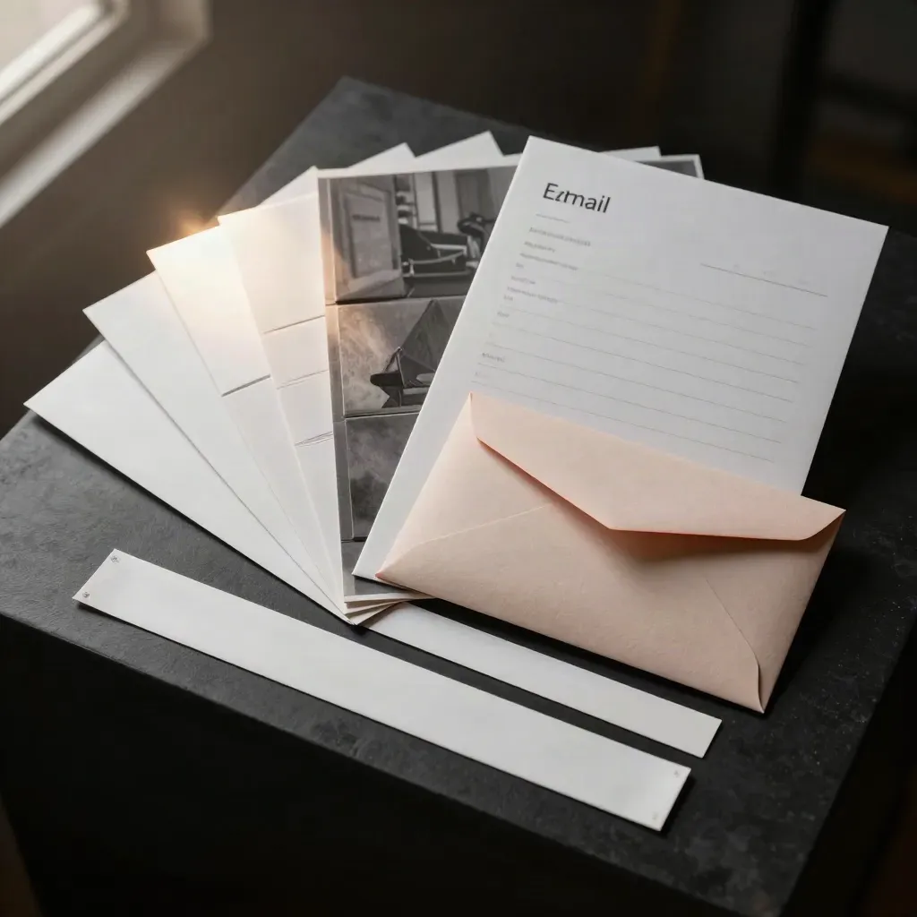 Launch-day design kit with blank tiles, header board, and envelope on a matte-black plinth