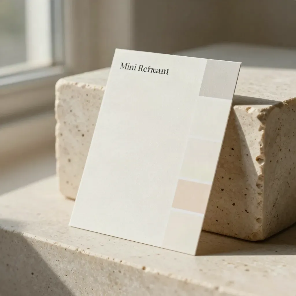 Mini logo refresh kit with sleeve, mark card and swatch strip on travertine