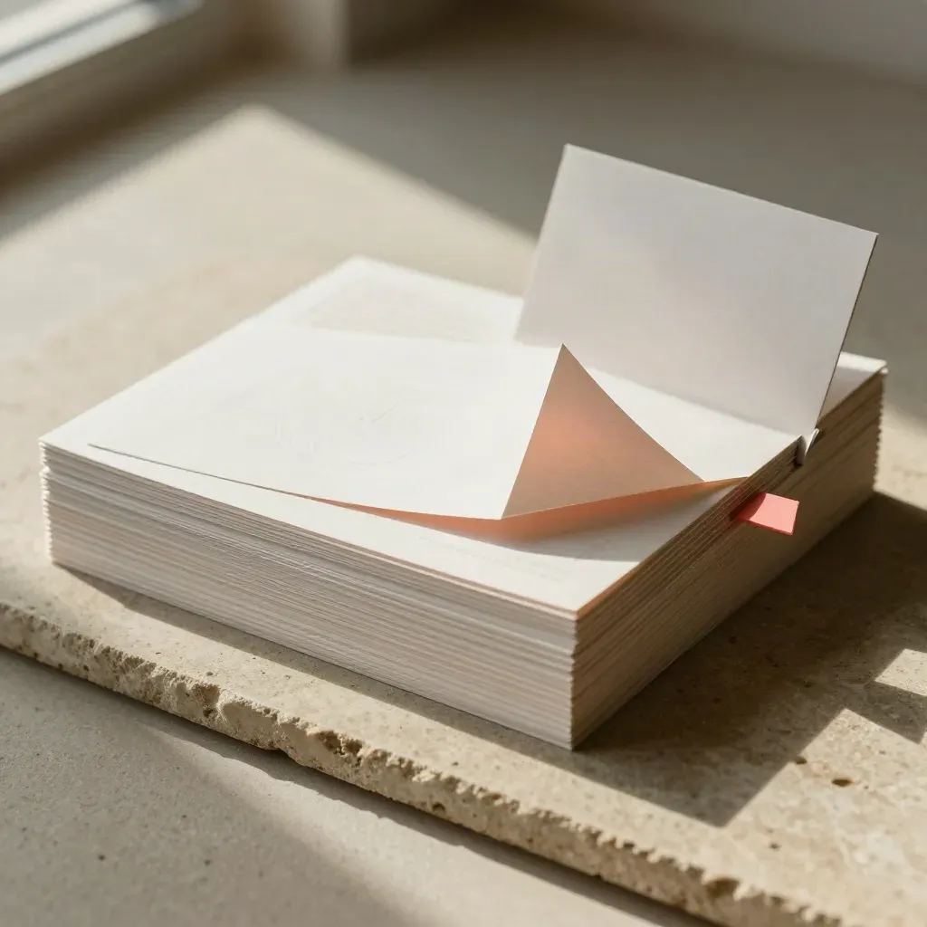 Flyer stack, folded display card, and sample stand on stone in soft side light.