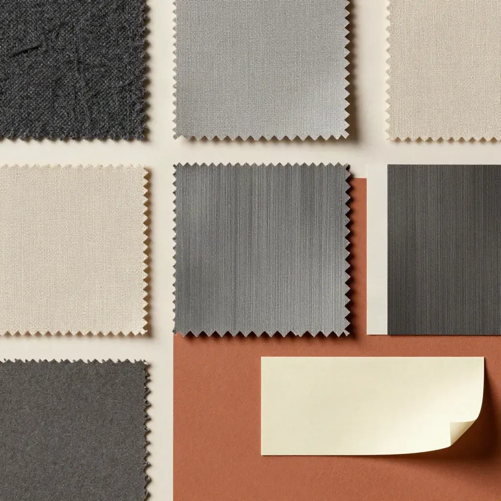 Flat-lay moodboard with swatches, print chips and a blank card on terracotta clay