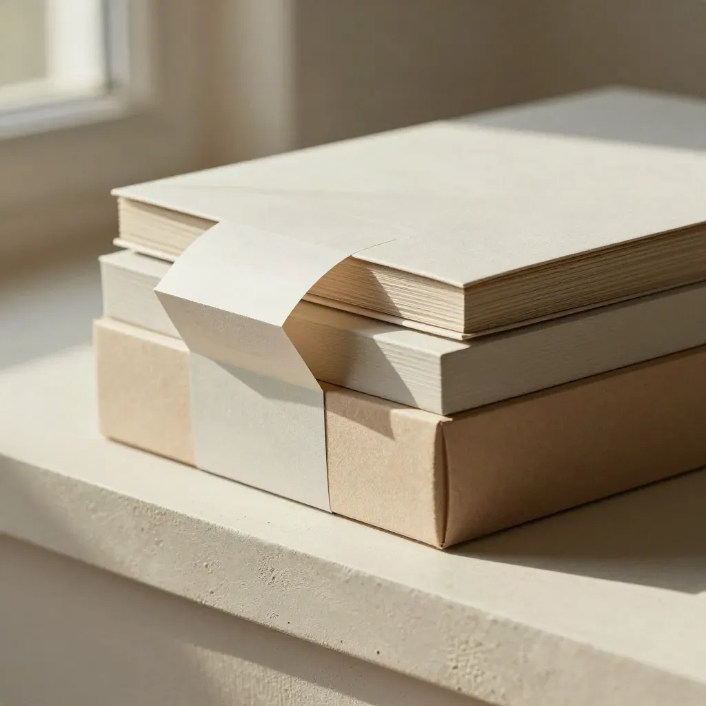 Macro product hero of three packaging mockups with tissue paper on a creamy studio ledge.