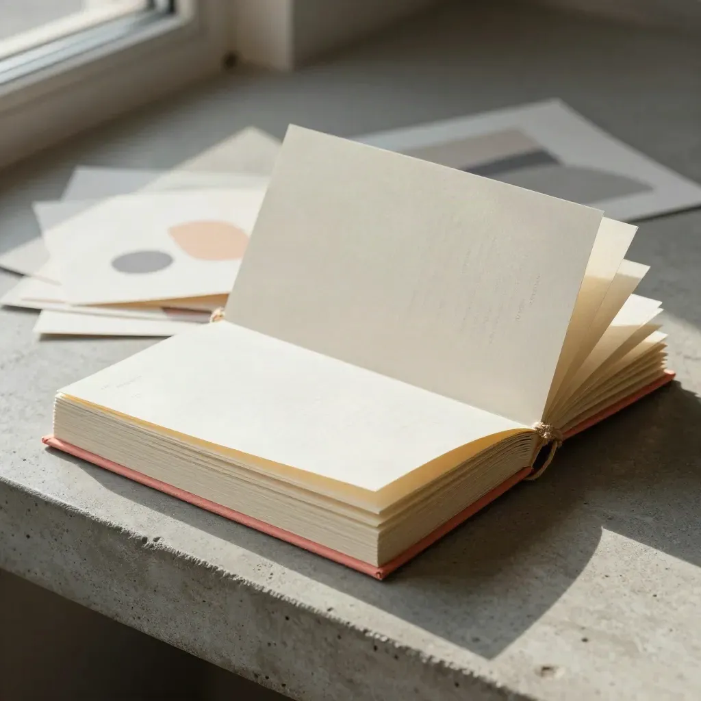 Eight-page menu booklet mockup with twine on a concrete plinth, coral accent