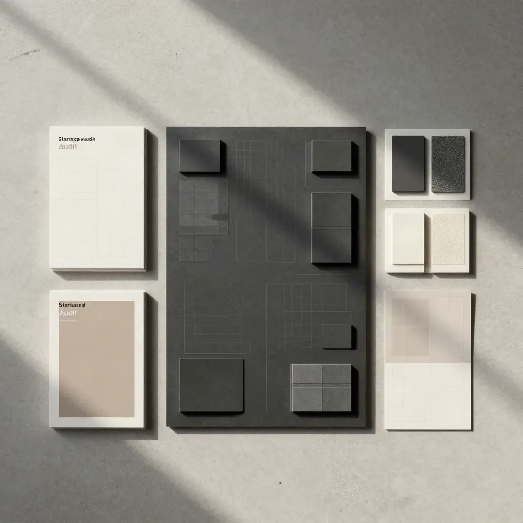 Overhead brand audit flat lay with proof cards, markup boards and reference chips on concrete.