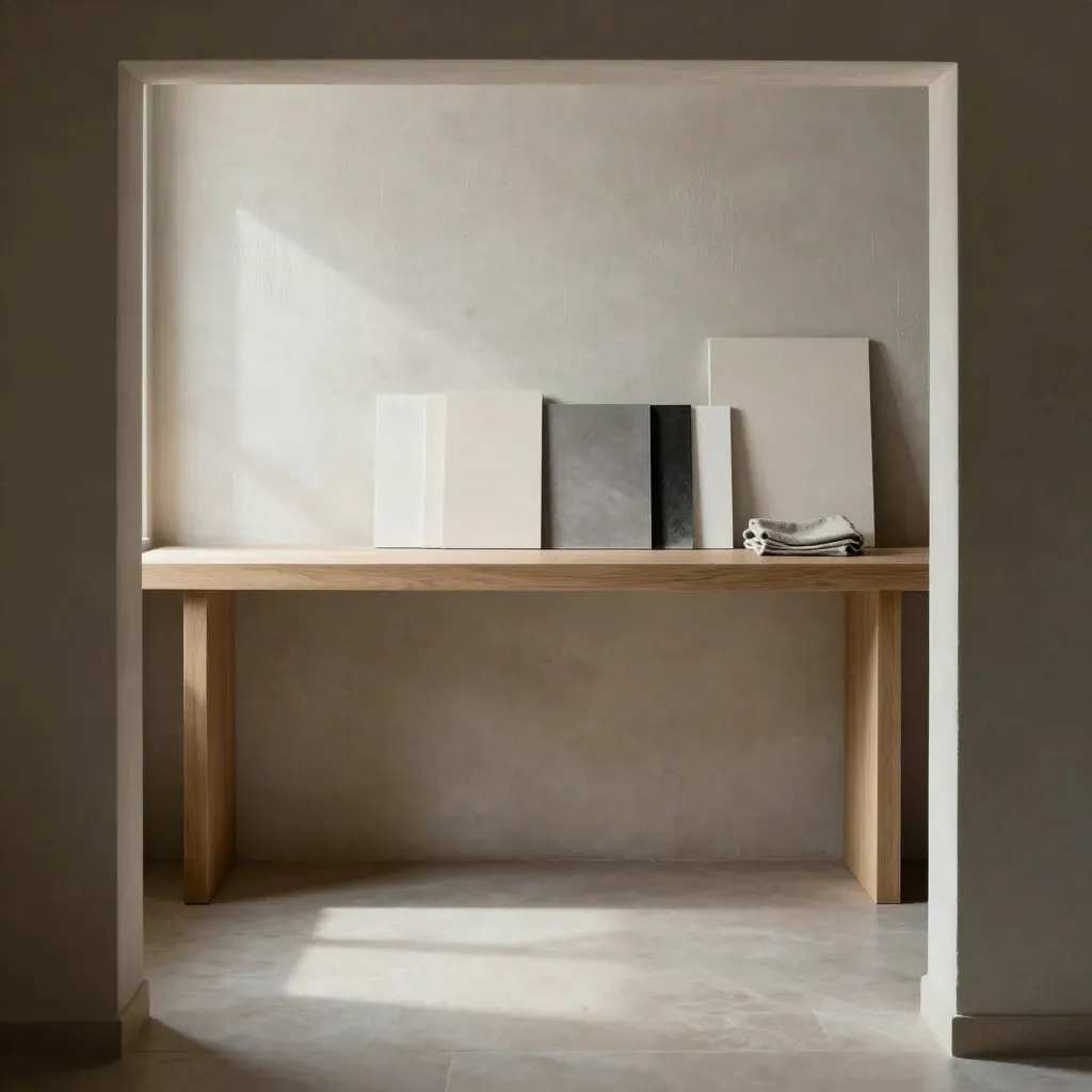 Limestone design atelier with sample boards, oak counter, and calm copy space below.
