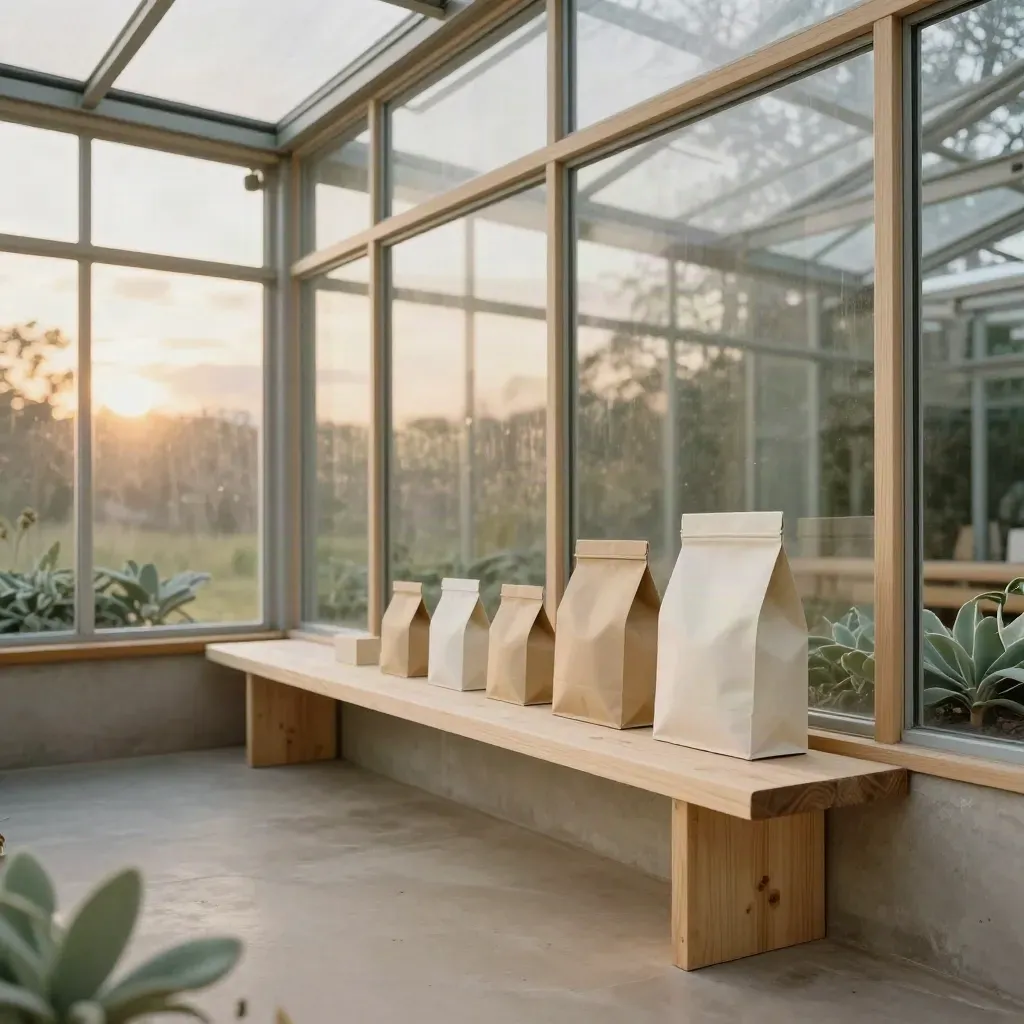 Sunlit glasshouse corridor with timber bench, foliage and calm copy space.