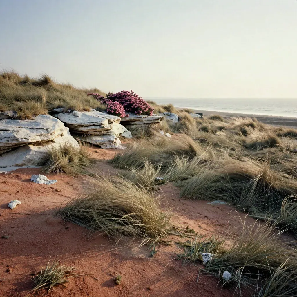Windy chalk coast above the sea with grass, mist, and open sky for copy.