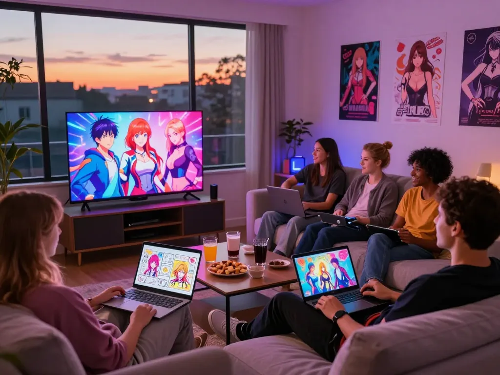 Engaging friends playing a porngame in a cozy living room setting with vibrant visuals.