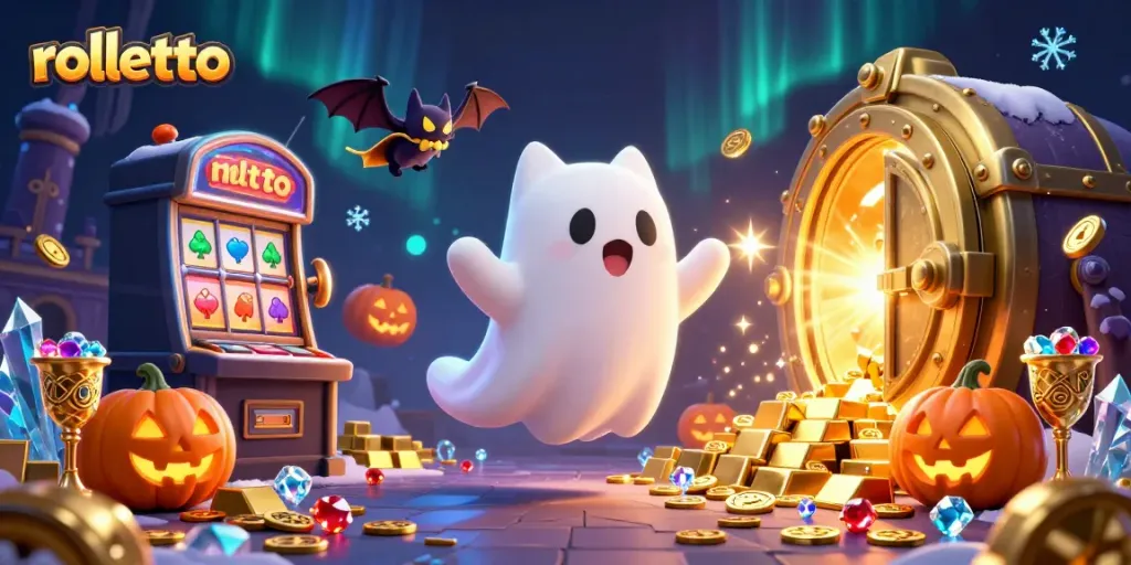 Win big at rolletto with a friendly ghost cat, treasure vaults, and glowing poker jack-o-lanterns in this lively casino scene.