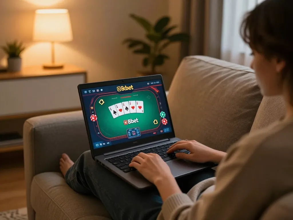 Engaging in an online poker game at 8kbet from home with a cozy setup and visible gameplay.