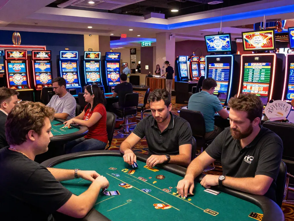 Dynamic scene of players engaging in games at online credit card casinos, using credit cards for deposits.