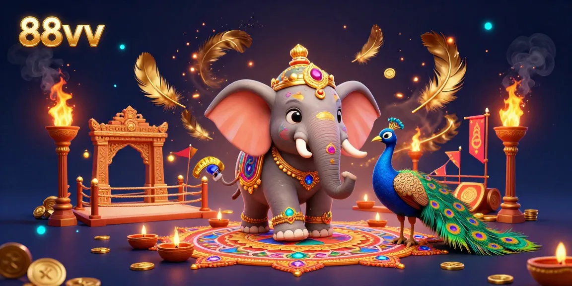 Immerse in the vibrant 88vv gaming experience with a Diwali-themed elephant and peacock amidst casino treasures.