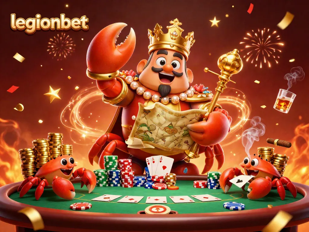 Experience winning at legionbet with a lively scene featuring a golden crab emperor amidst poker elements.