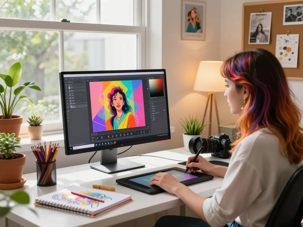Digital artist utilizing nano banana pro in a vibrant creative workspace, showcasing advanced AI image editing.