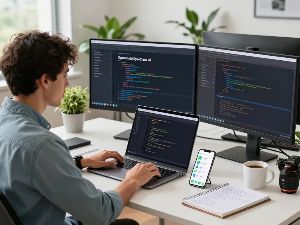 Developer using OpenClaw AI personal assistant in a bright workspace