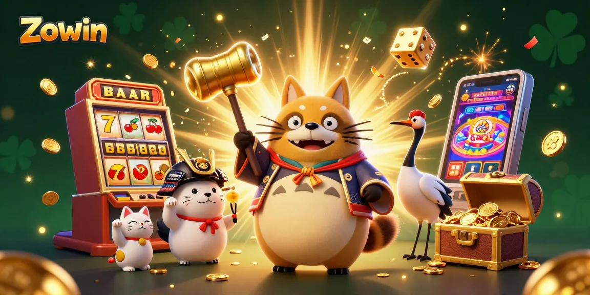 Zowin offers an exciting casino experience with vibrant characters in a dynamic, colorful illustration.