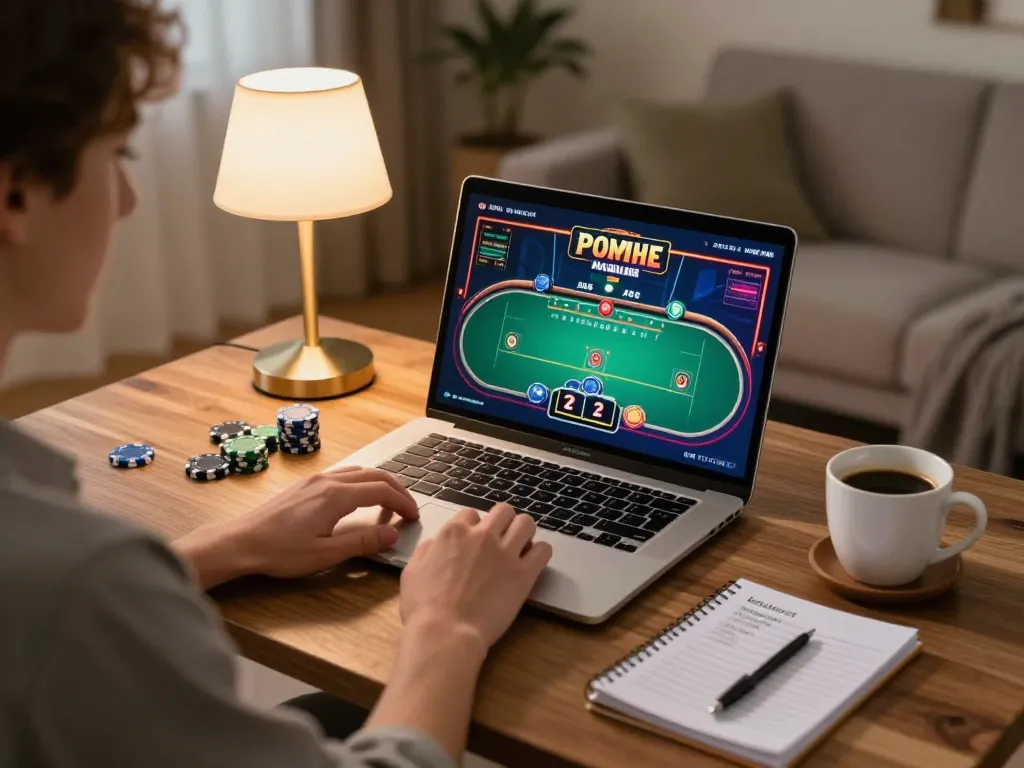 8XBET player engaged in exciting online poker gameplay with cozy home setting