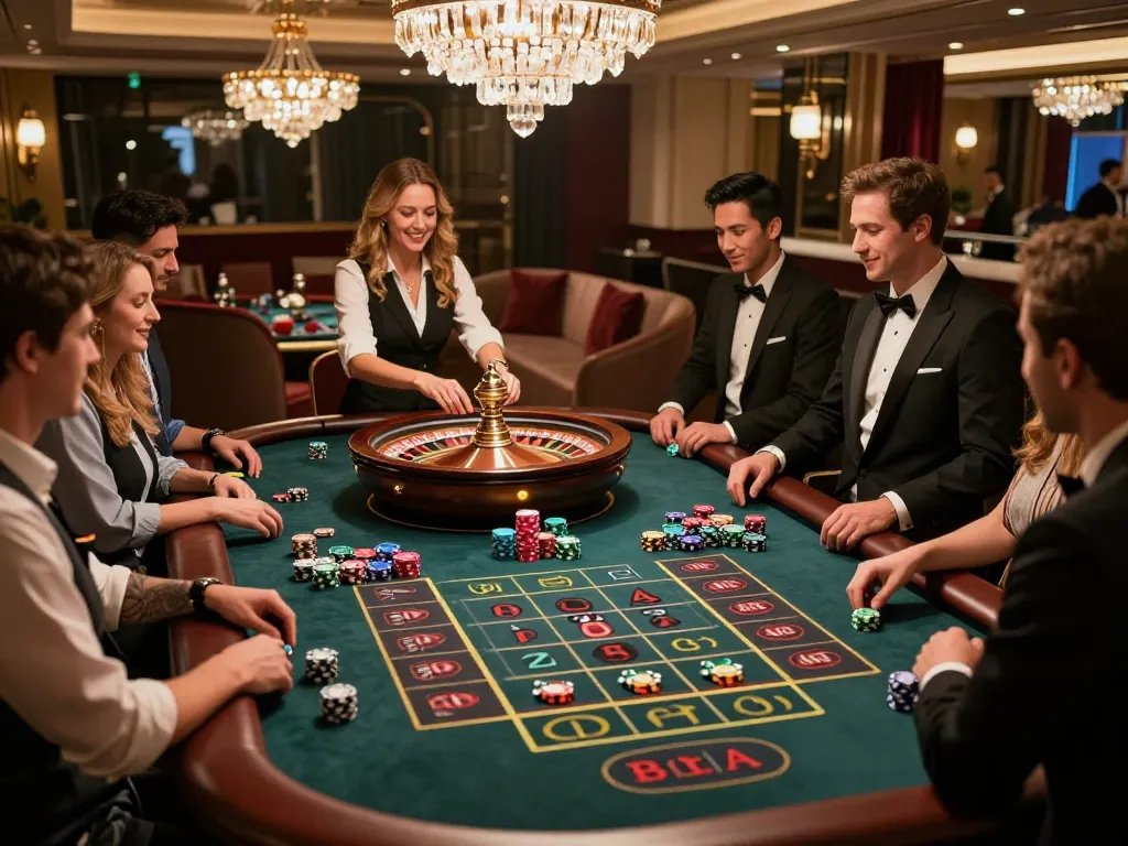 N188 players enjoying a thrilling roulette game at a luxurious casino table with vibrant chips.