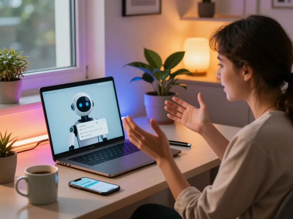Engaging in a lively conversation with a sex chat AI in a cozy home office.