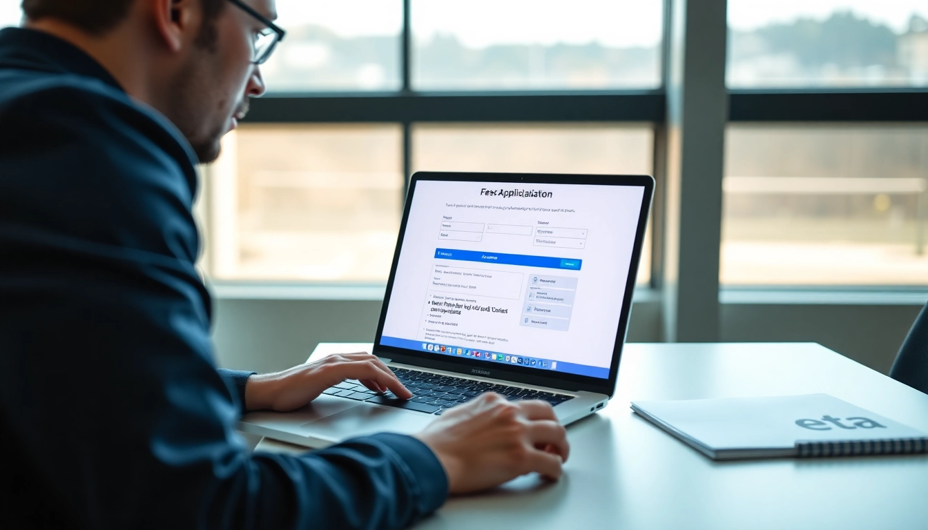 Applicant filling the eta application uk form in a modern office setting with sophisticated tools.