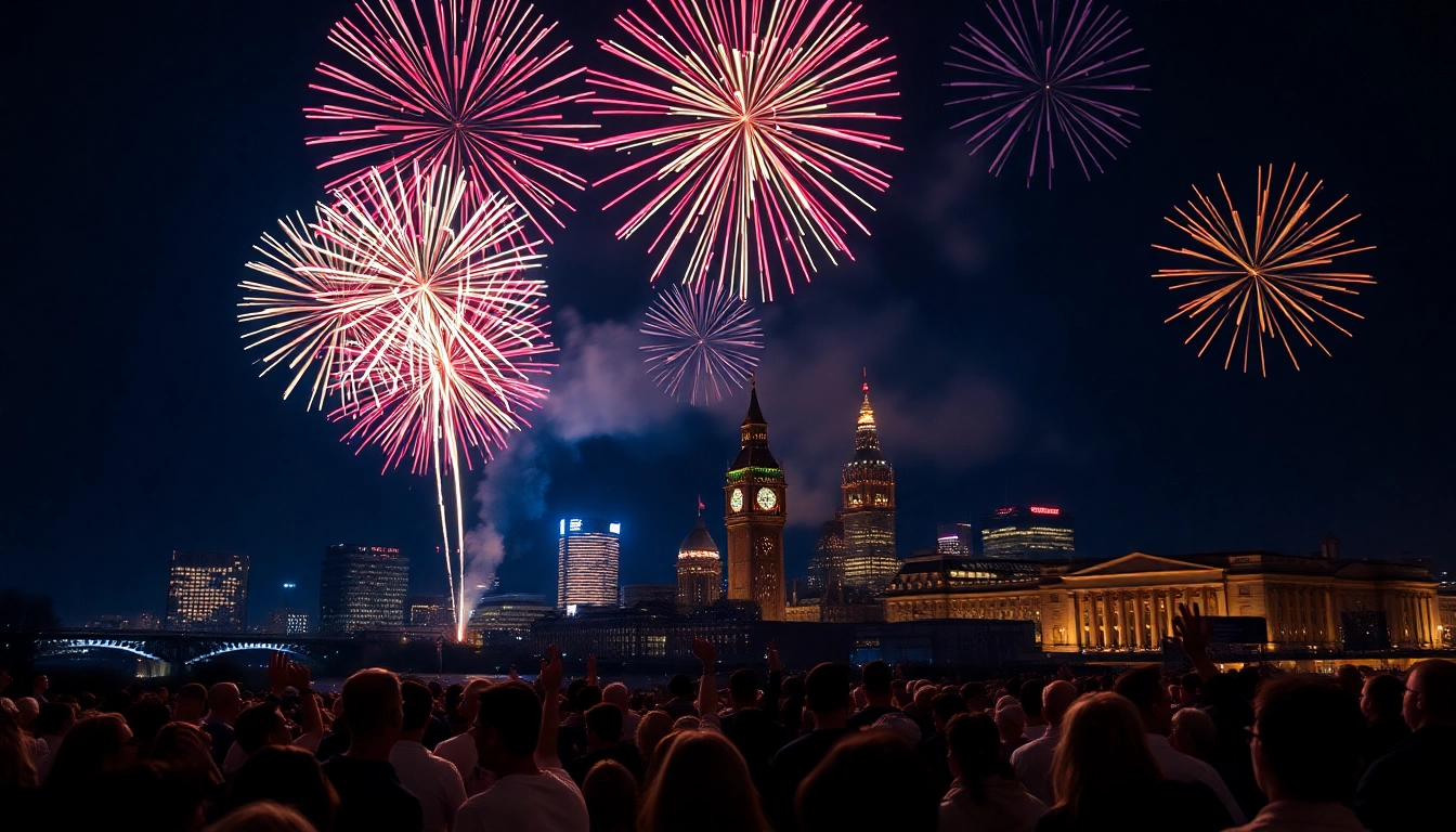 Witness stunning manchester fireworks illuminating the night sky, bustling crowd captivated by the display.