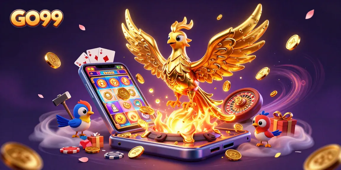 Experience the thrill of GO99 as a golden phoenix transforms, showering coins amidst vibrant slot game elements.