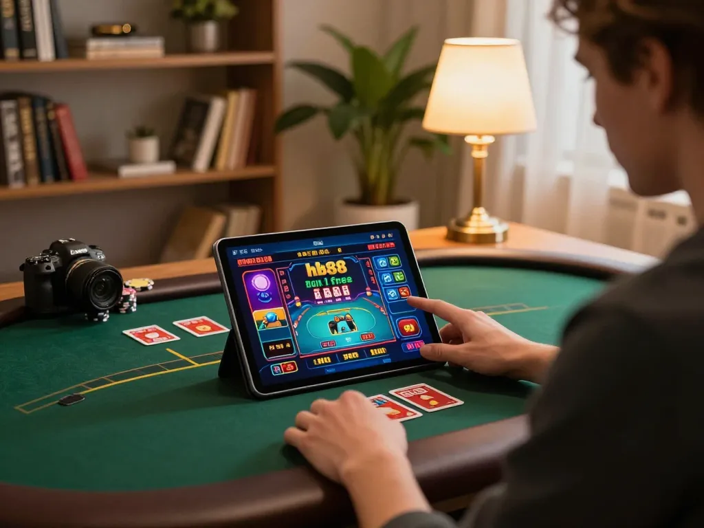 Engaging in hb88 free online gambling with tablet showcasing poker gameplay in a cozy home setting.