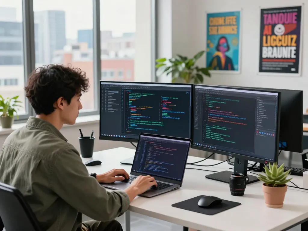 Focused software developer engaging with open claw AI project in a modern workspace filled with coding tools.