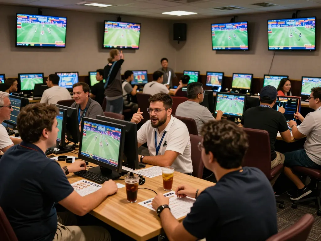 Kèo nhà cái overview highlighting excited fans placing bets in a lively sports betting lounge
