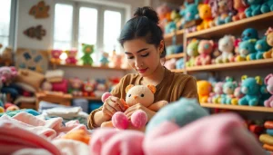Craft artisan focused on creating custom plushies amidst vibrant fabrics.