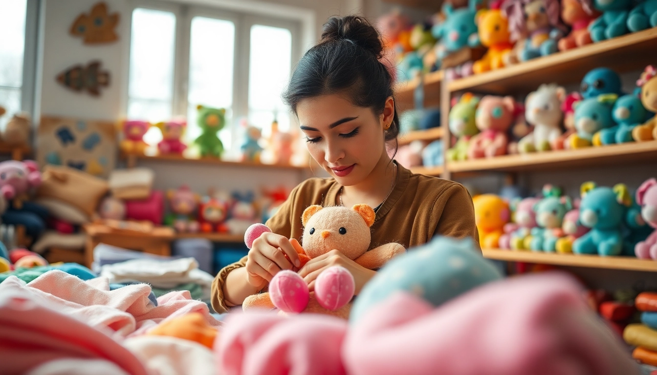 Craft artisan focused on creating custom plushies amidst vibrant fabrics.