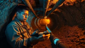 Technician using advanced equipment for Underground Leak Detection in an underground setting.