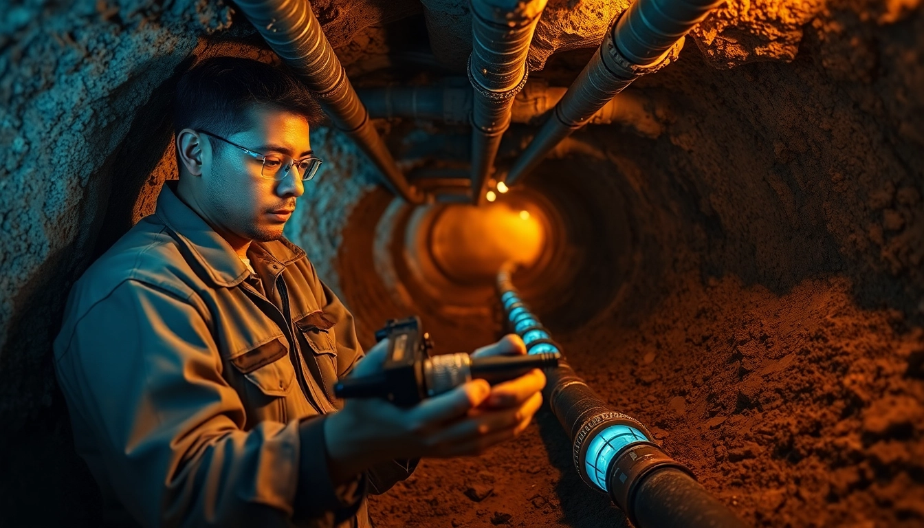 Technician using advanced equipment for Underground Leak Detection in an underground setting.