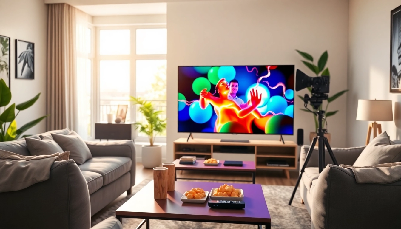 View of a high-definition iron tv setup in a stylish living room with natural light.