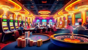 Casino scene depicting engaging gameplay at KJC AC 3, featuring tables, poker chips, and slot machines.