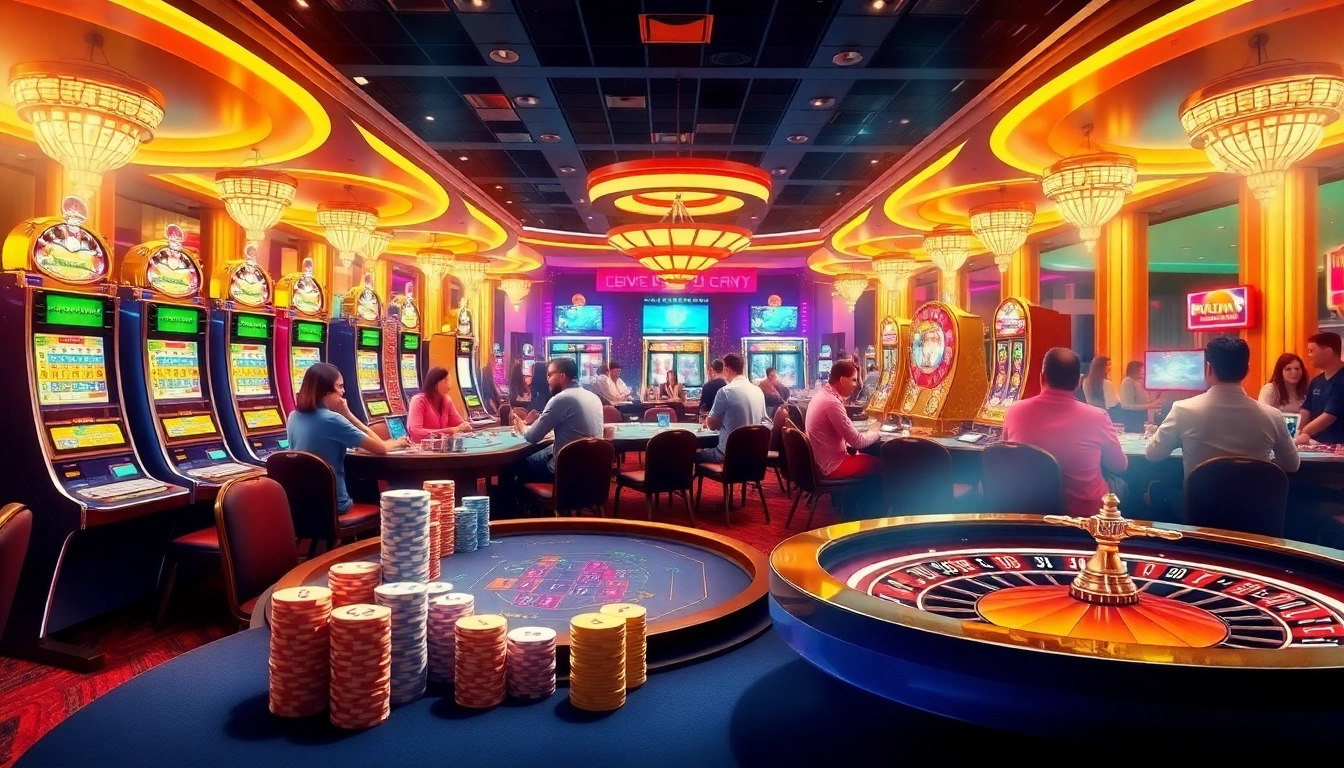 Casino scene depicting engaging gameplay at KJC AC 3, featuring tables, poker chips, and slot machines.