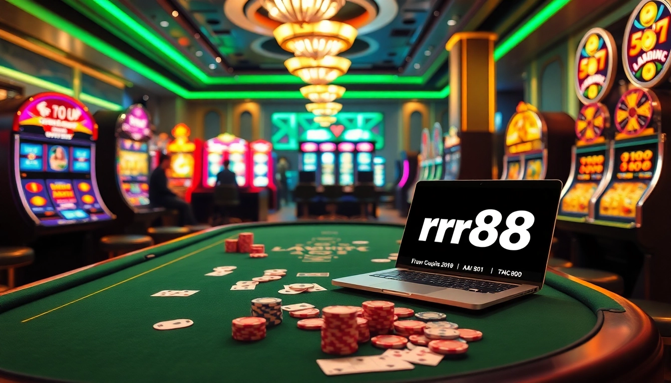 Exciting casino scene featuring players at a table with rr88 link displayed, vibrant slot machines, and rich colors.